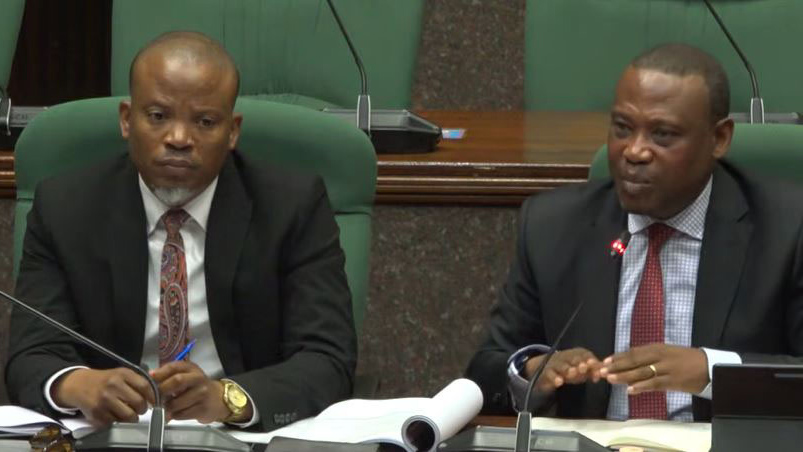 Eswatini Railways acting Chief Executive Officer Sandile Dlamini and Legal Dennis Ntshangase responding to queries raised during the PAC sitting.